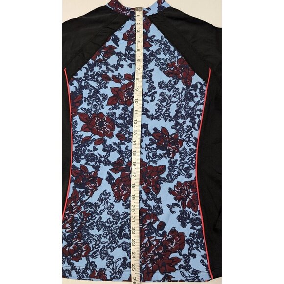 Floral Rash Guard Swim Top Colorblock Long-Sleeve Zip Black & Blue Womens M - Picture 6 of 8